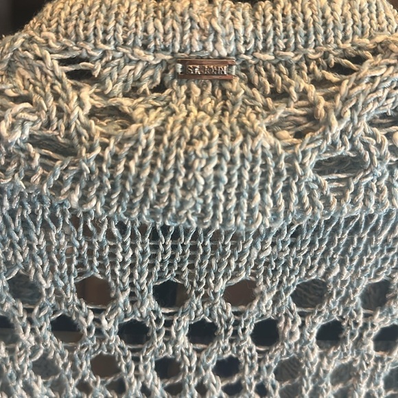 St. John Crochet Knit Open Front Cardigan Pale Blue Sz Small Coastal Grandma - Picture 13 of 14